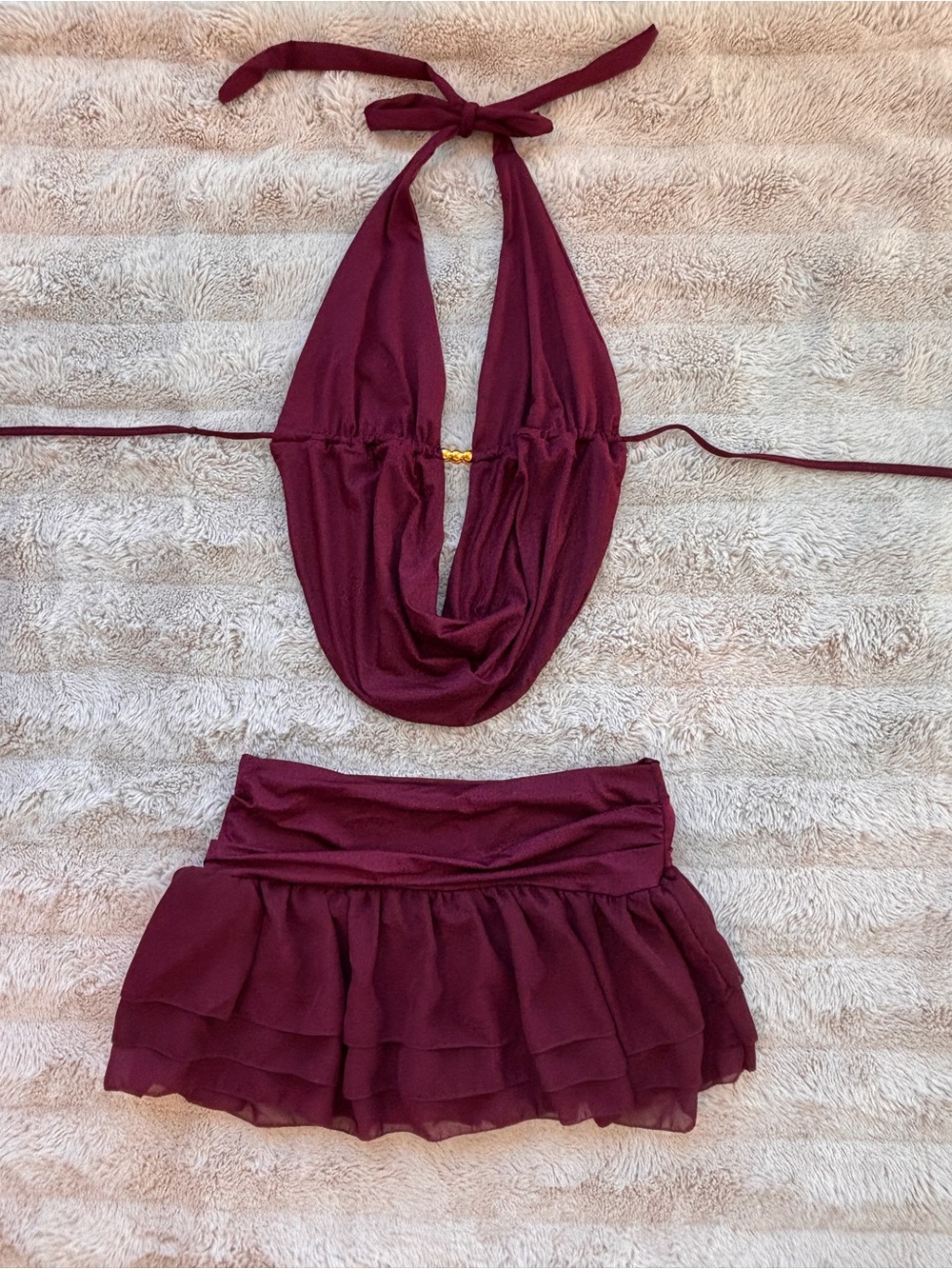 Burgundy Halter Top and Layered Ruffle Skirt Set
